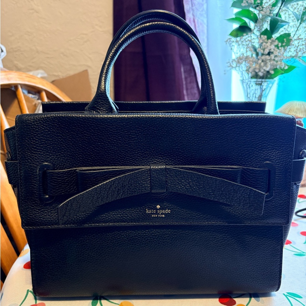 Kate Spade Natala Avalon Bow Satchel/Crossbody Black Pebbled Leather EUC